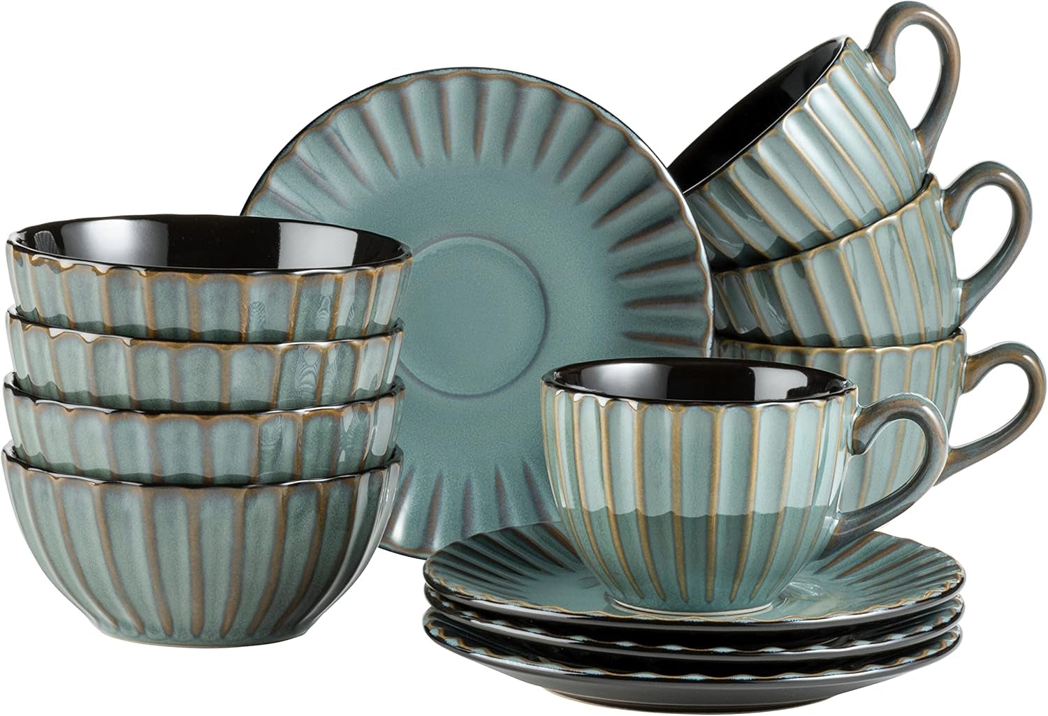 MÄSER 931966 Confino-serie servies voor 4 personen, moderne vintage look, keramische ontbijtset, 12-delig, petroleumkleur met zwarte accenten, steengoed