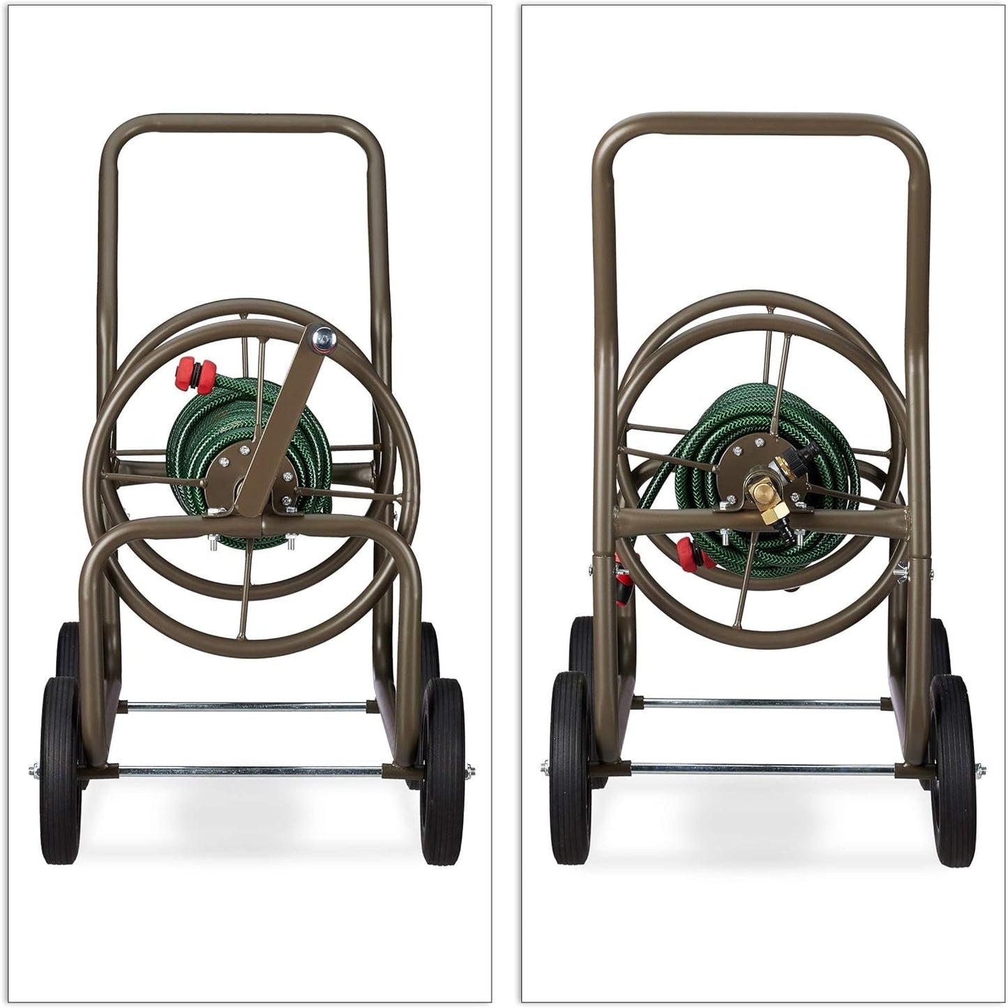 Relaxdays XL slangenwagen, mobiele slanghaspel, metaal, voor 60 m slang, 4 wielen, met slinger, 90° rol, bruin
