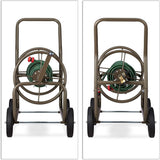 Relaxdays XL slangenwagen, mobiele slanghaspel, metaal, voor 60 m slang, 4 wielen, met slinger, 90° rol, bruin