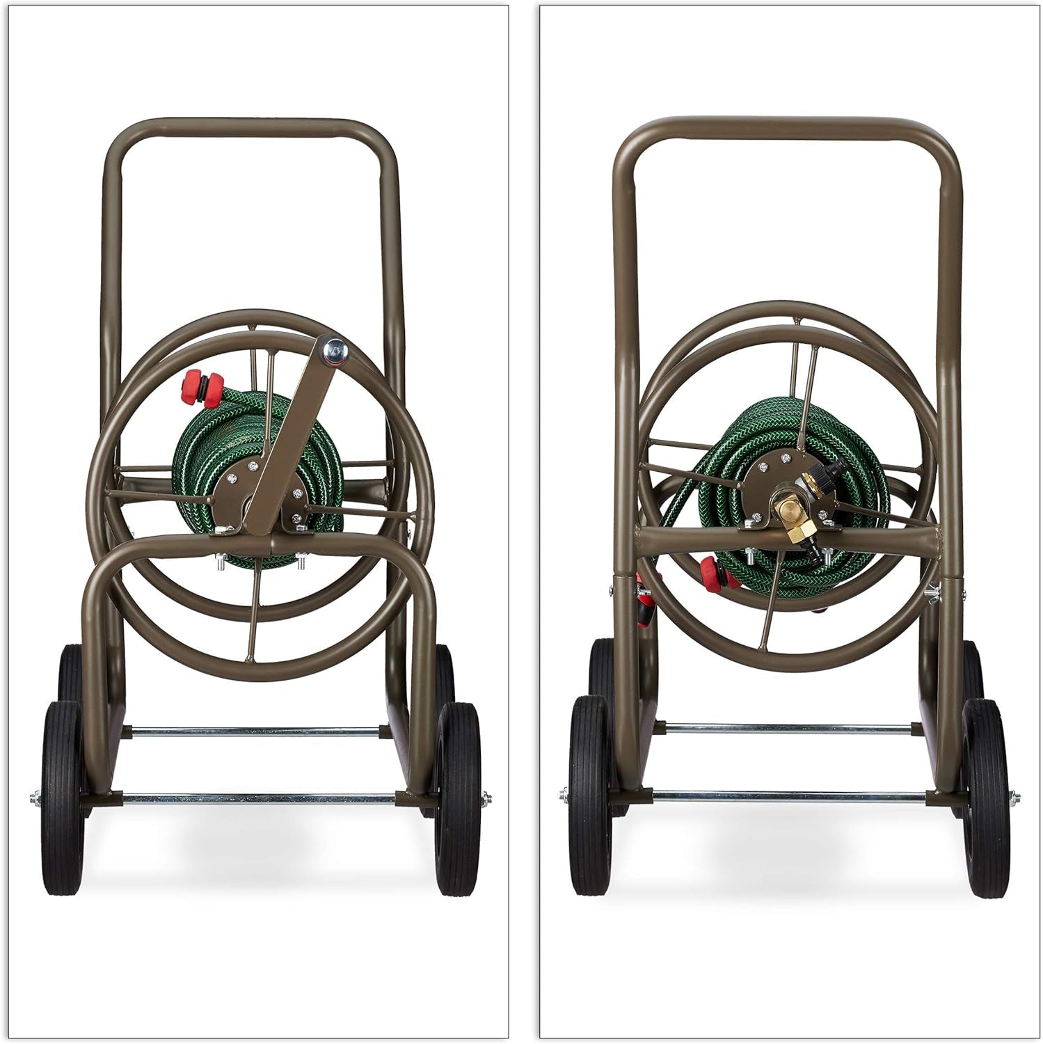 Relaxdays XL slangenwagen, mobiele slanghaspel, metaal, voor 60 m slang, 4 wielen, met slinger, 90° rol, bruin