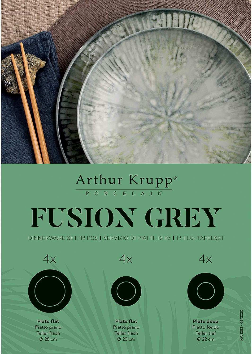 Fusion grijze porseleinen serviesset 67351GA2, 12-delig