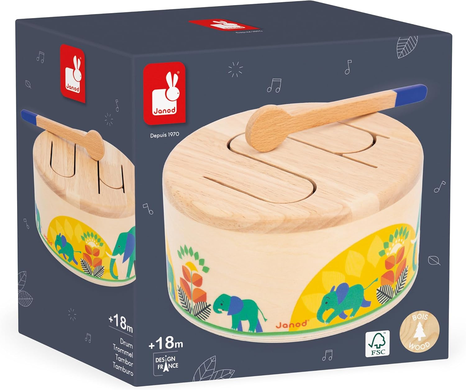 Janod - Gioia Drum - FSC houten trommel + trommel - Rollenspel en vroege muzikale educatie - Aquarel - Vanaf 18 maanden, J07650 Bebe Toys Naty Shop