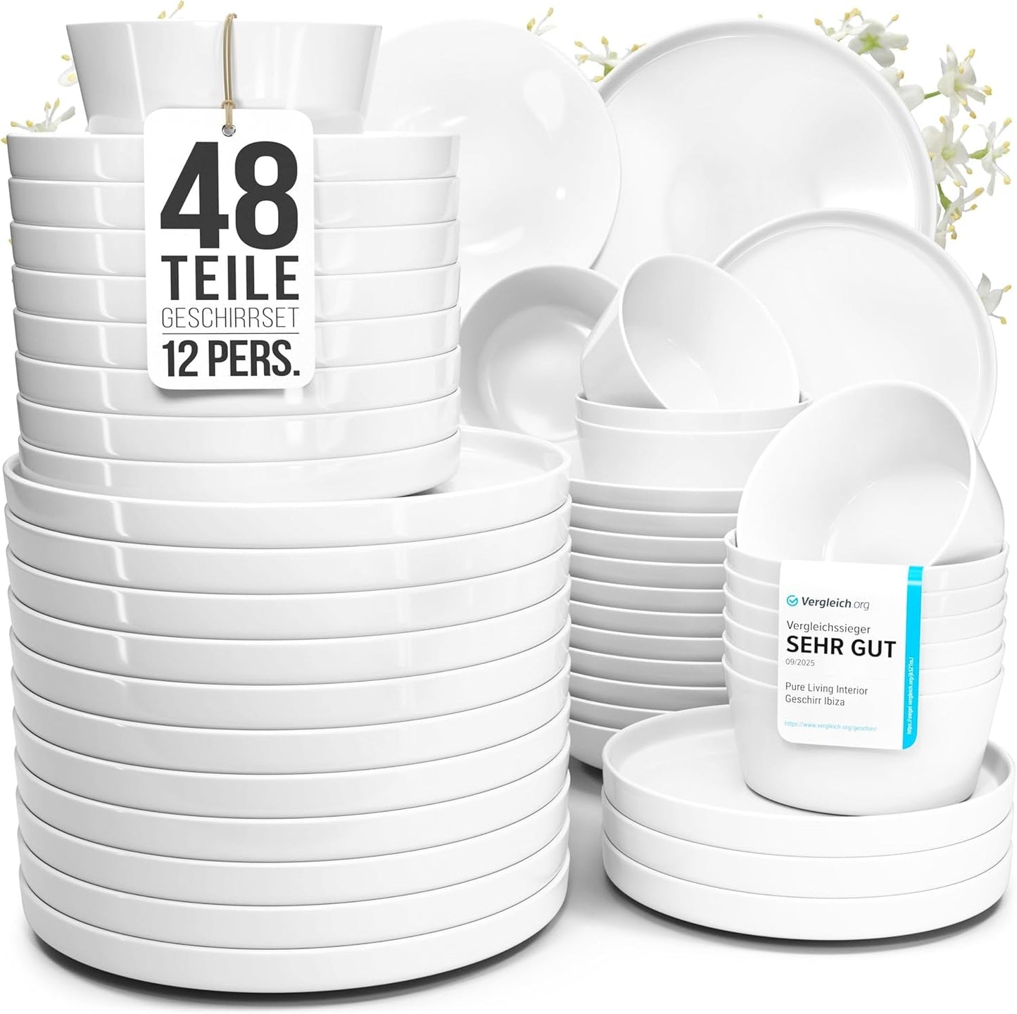 Crystal 48-delige porseleinen serviesset TESTWINNAAR Helder porseleinen serviesset kommen en borden servies voor 12 Pure Living serviessets in wit