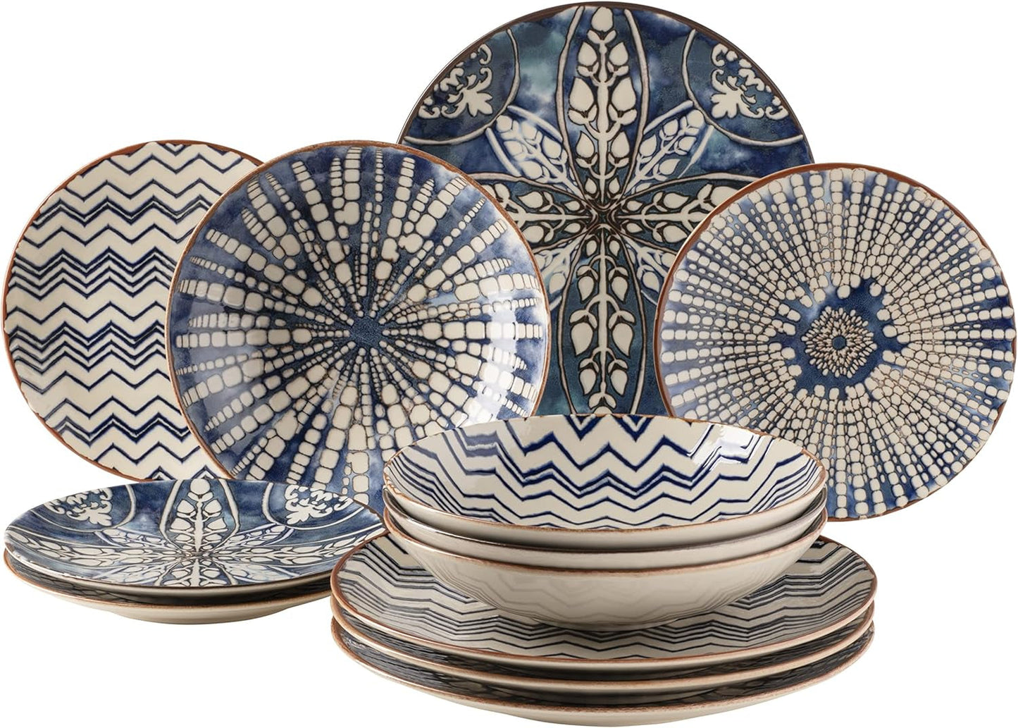 MÄSER 934017 Ibericoblauwe 4-persoons dinerset, 12-delig, Moorse stijl, verschillende vintage ontwerpen in wit en blauw, keramiek
