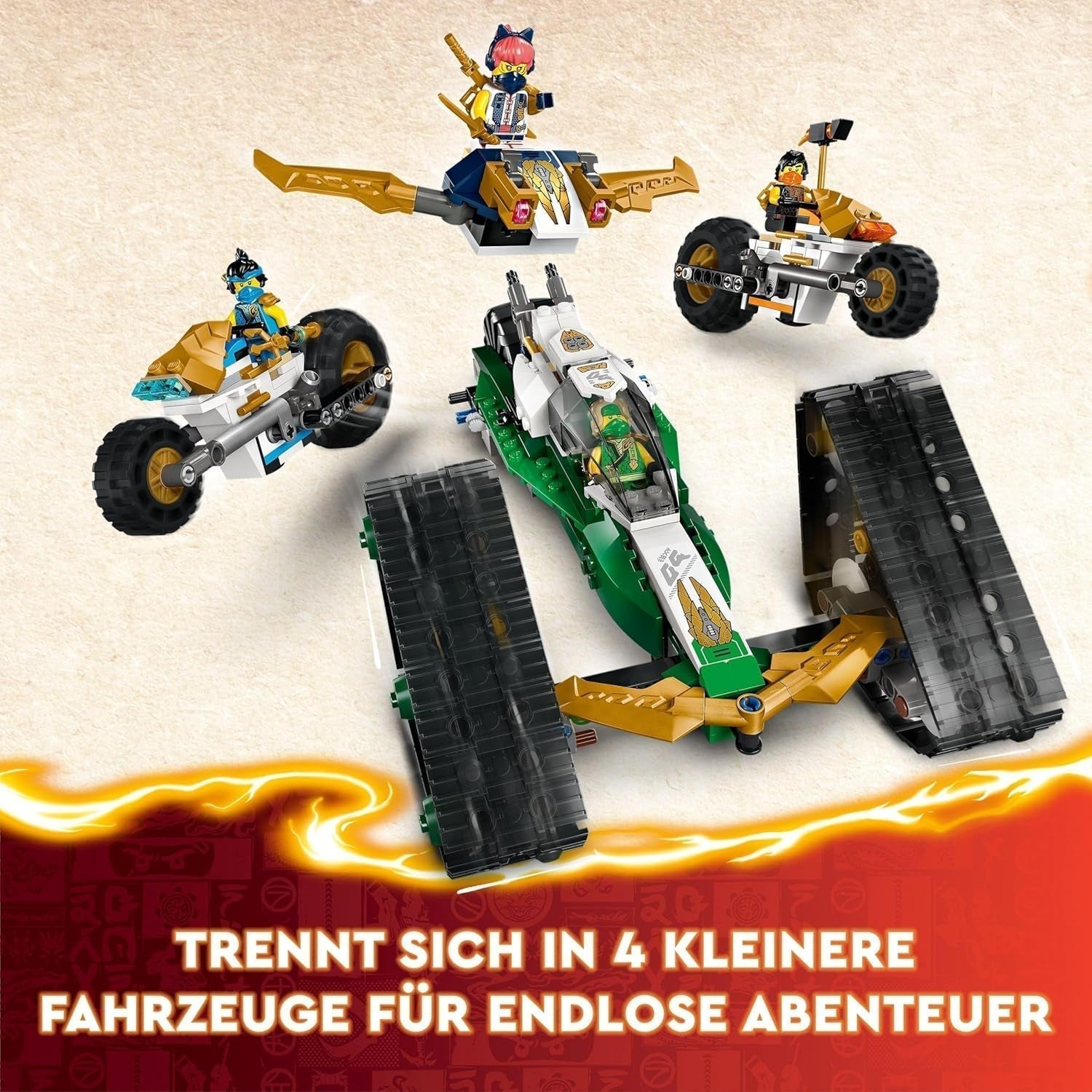 LEGO NINJAGO Ninja Team Combi Caterpillar 4 in 1 set met zweefvliegtuig, racewagen en 2 motorfietsen en 6 minifiguren Cadeau voor jongens en meisjes Ninja speelgoed 71820 Bouwsets Besuche in LEGO-Store