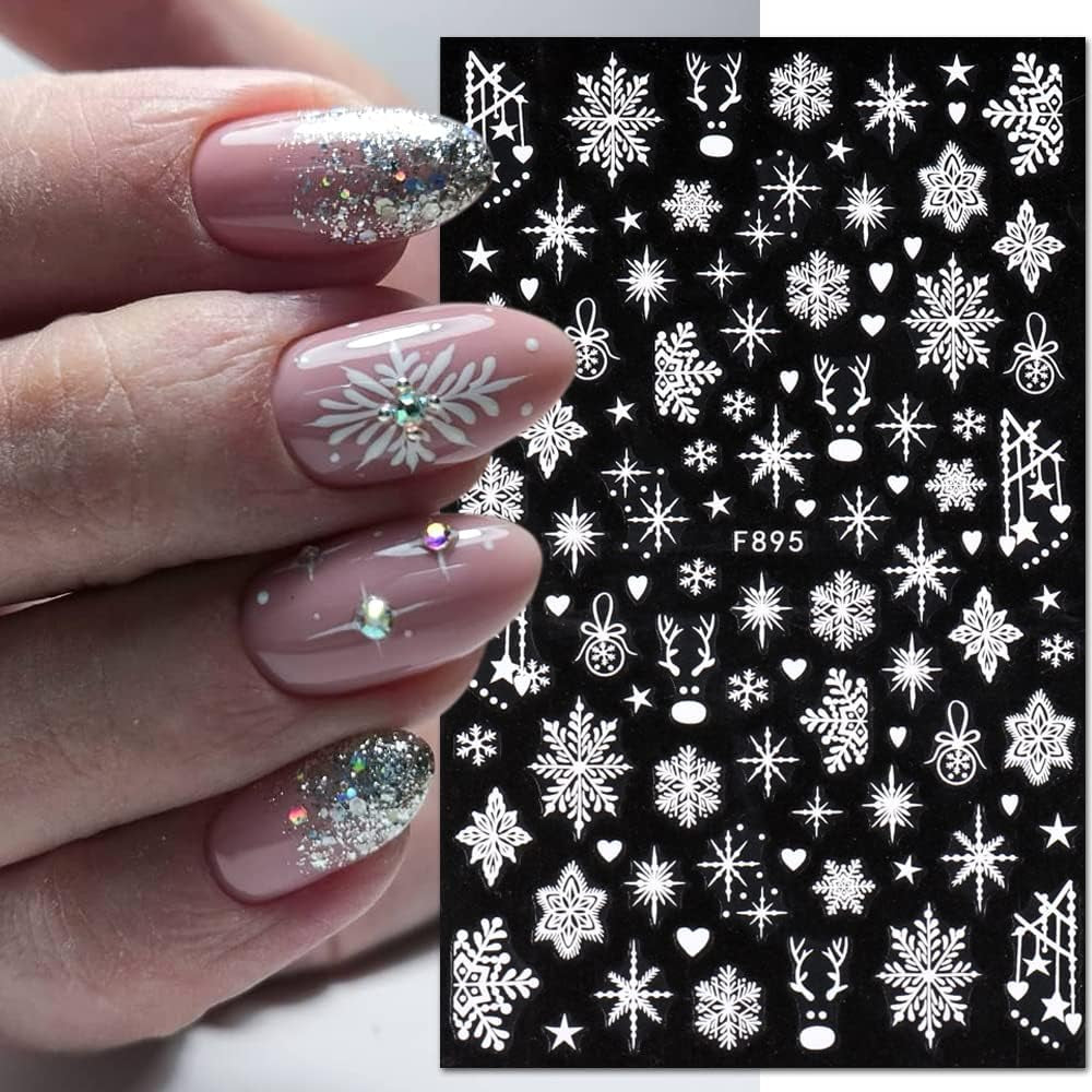 JMEOWIO Nagelsticker Weihnachten 8 Blatt Nagelaufkleber Selbstklebend Weiße Schneeflocken Winter Nail Art Sticker Decoratie Nageldesign Zubehör