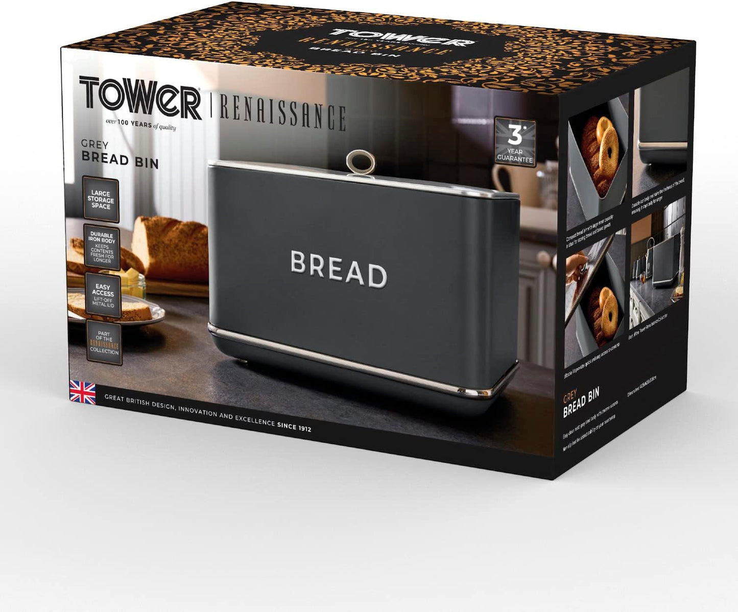 Tower T826175GRY Renaissance broodmand, inhoud 16 l, enkel deksel, grijs Bewaardozen voor voedsel Naty Shop