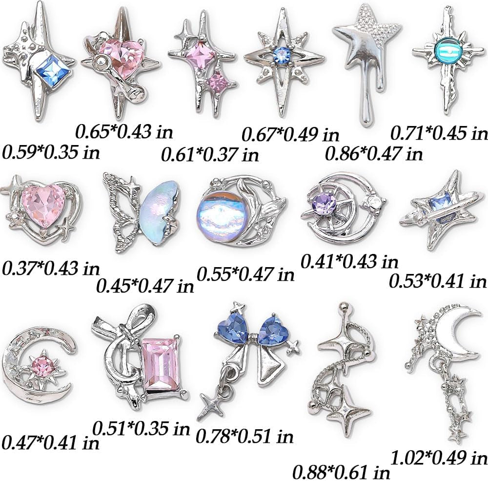 16 Stijl Luxus Mond Stern Nagel Charms 3D Nail Charms Y2K Legierung Strasssteine ​​Bogen Schmetterling Nagel Schmuck Metall Nail Art Charms Nägel Glitzersteine ​​​​Nailart Rhinestones Nageldesign Zubehör