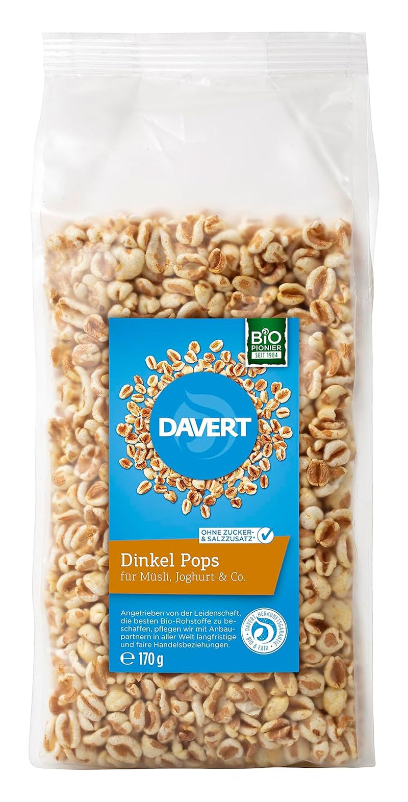 Davert Dinkel Pops 170G – Aromatische opgepofte dinkelkörner, Luftig Leicht en Fein Röstig Im Geschmack – 100% Davert Bio-Qualität (1 X 170G) Cereale Naty Shop Standaardtitel