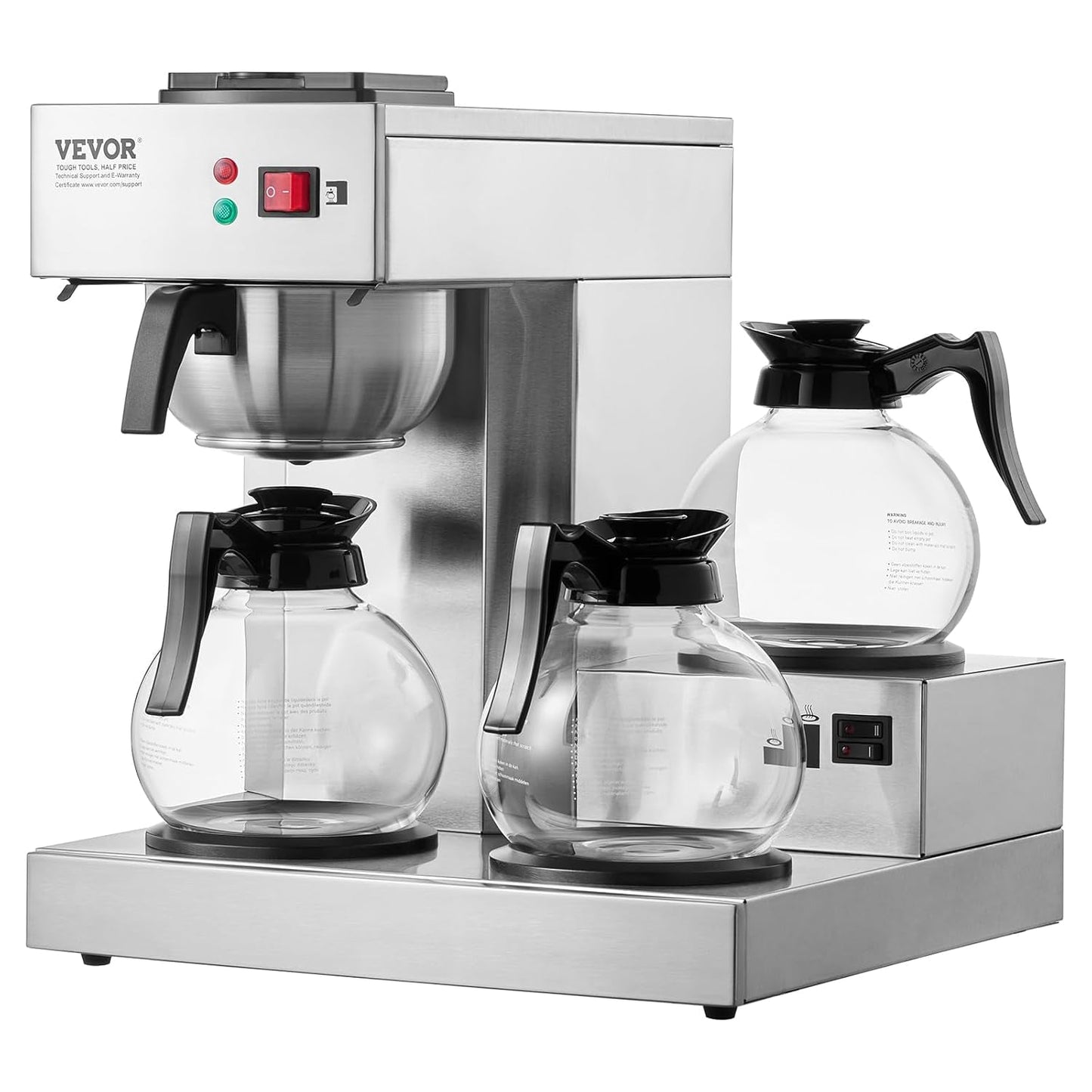VEVOR Commerciële filter-espressomachine met 12 kopjes, 3 glazen karaffen en 3 verwarmingsplaten, roestvrijstalen espressomachine met automatische watertoevoer voor restaurant, kantoor, koffiebar