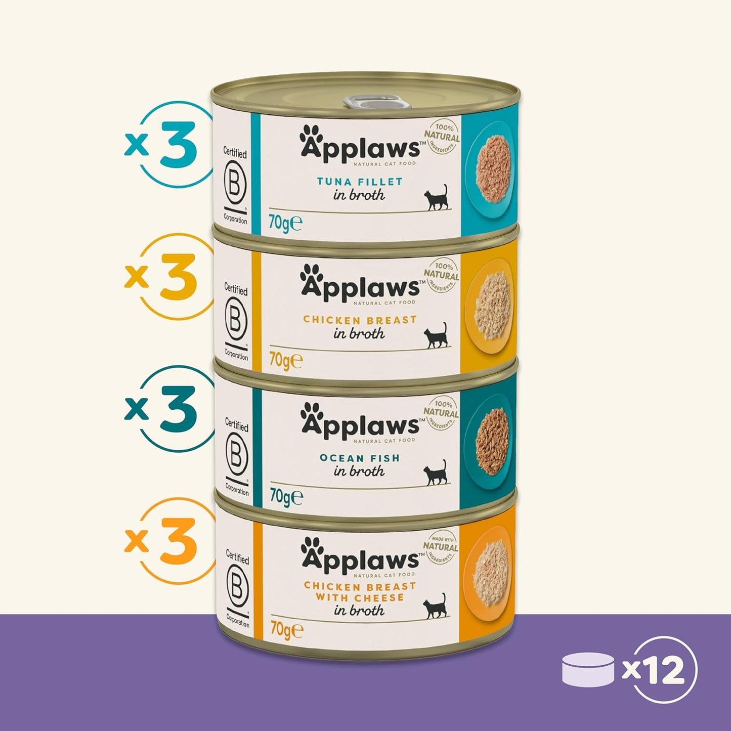 Applaws 100% natuurlijk premium natvoer voor volwassen katten in bouillon - tonijn, kip, zeevruchten, gemengde selectie in bouillon - verpakking van 12 blikjes x 70 g