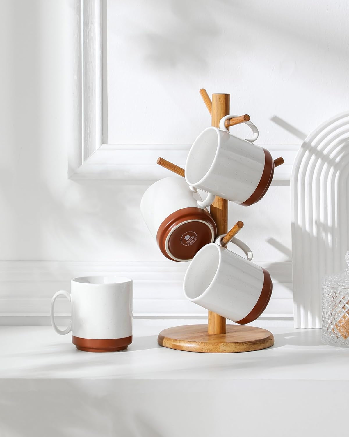 MALACASA koffiemokkenset, steengoed mokkenset van 350 ml voor 4 personen, moderne koffiemokken voor thee, sap, latte, cappuccino, warme chocolademelk. Vaatwasmachine- en magnetronbestendig, TARA serie, kaki wit