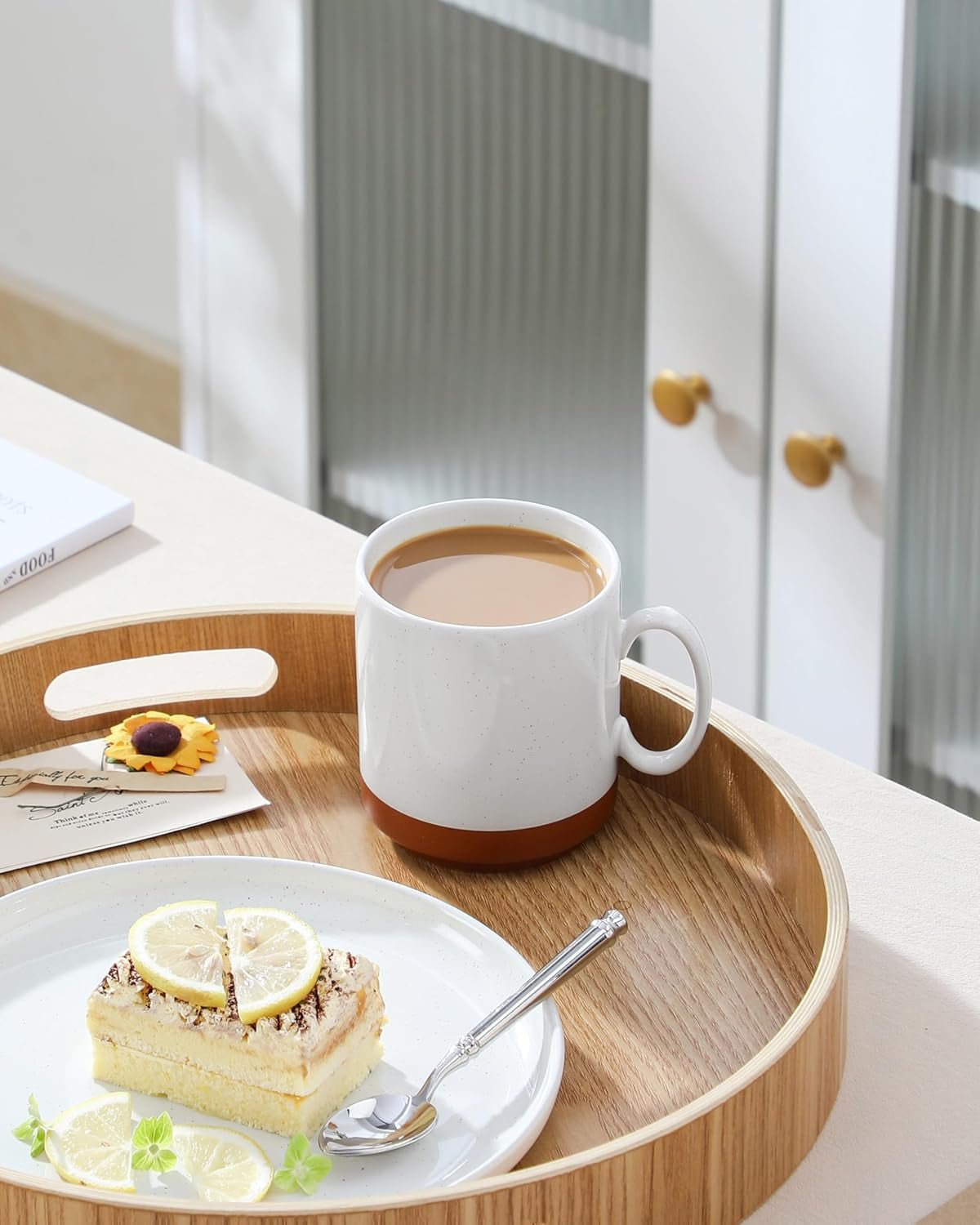 MALACASA koffiemokkenset, steengoed mokkenset van 350 ml voor 4 personen, moderne koffiemokken voor thee, sap, latte, cappuccino, warme chocolademelk. Vaatwasmachine- en magnetronbestendig, TARA serie, kaki wit