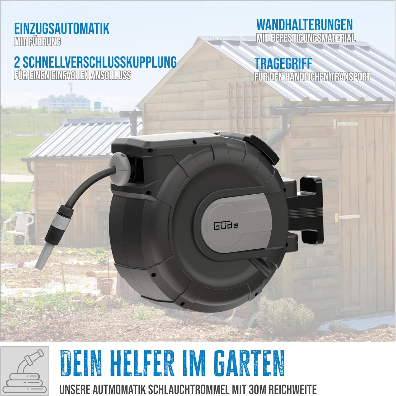 Automatische slanghaspel Güde 30-2-2 1/2 (180° draaibaar, voor wandmontage, 30 m slang, watersproeier, muurbeugel, automatisch intrekken, intrekstop, transportgreep, 2 snelkoppelingen)