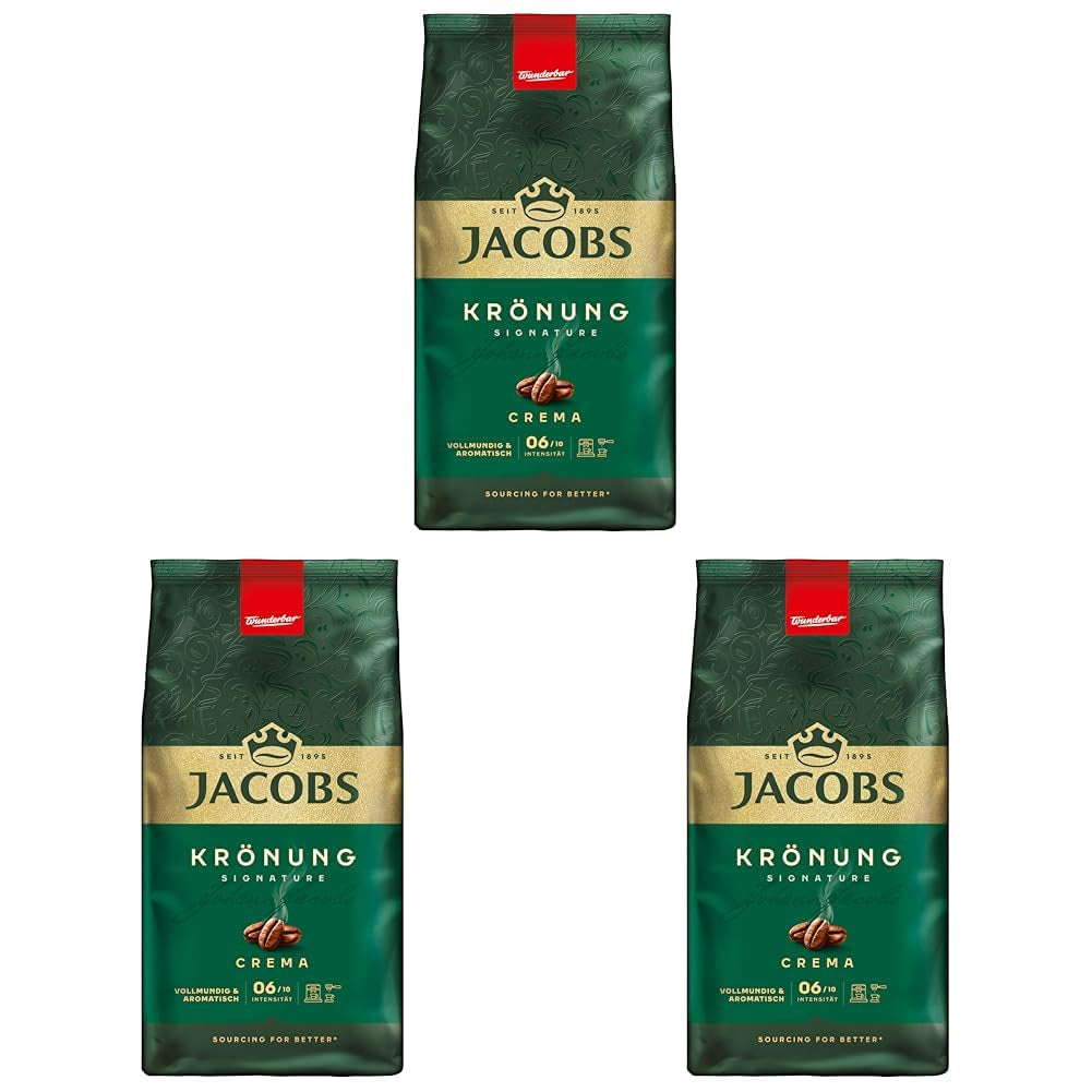 Jacobs Café Crema Gold Kaffeebohnen 1Kg – Vollmundig, Aromatisch, Fruchtige Noten, Arabica & Robusta Bohnen, Intensität 5/10, Ideaal voor Café Crema Naty Shop Krönung Crema 3 x 1 Kg