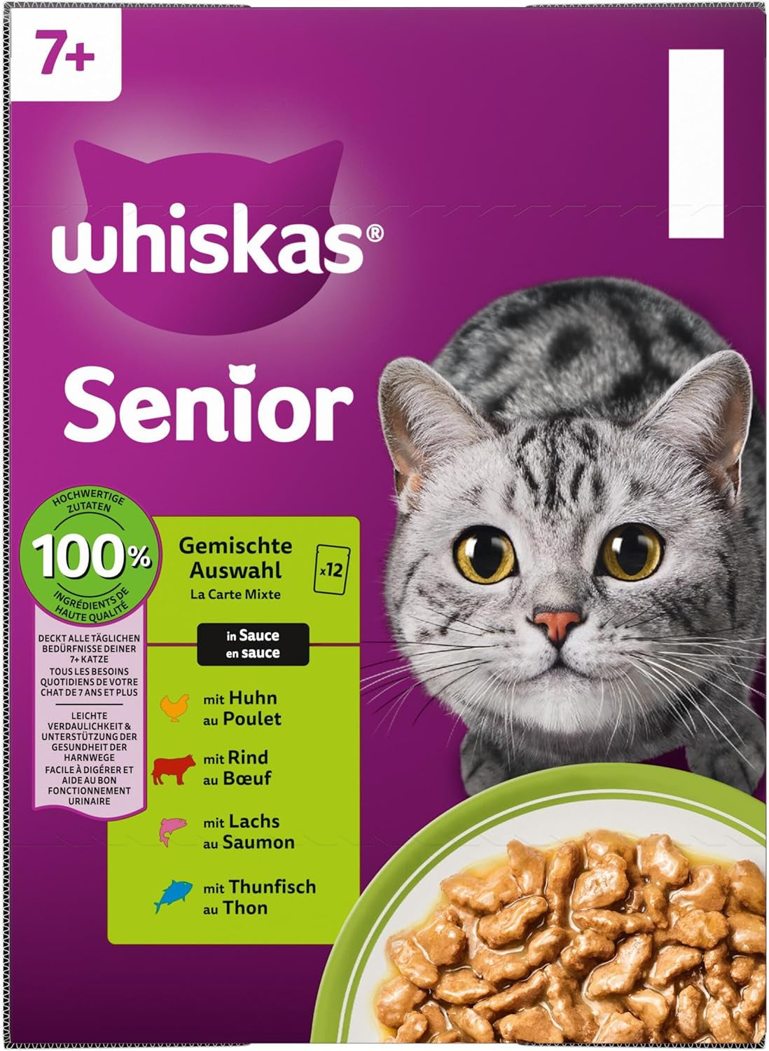 Whiskas Senior 7+ Natvoer Gemengde Selectie in Saus, 48 ​​Zakjes, 12x85g (4 stuks) - Hoogwaardig natvoer voor katten van 7 jaar en ouder