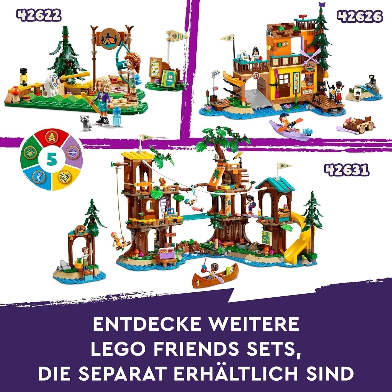 LEGO Friends Boomhut op avonturenkamp, speelset voor meisjes en jongens vanaf 8 jaar met 5 figuren en 5 dieren, cadeau-idee voor creatieve spelletjes, sportspeelgoed, poppenhuis 42631 Bouwsets Besuche den LEGO-Store