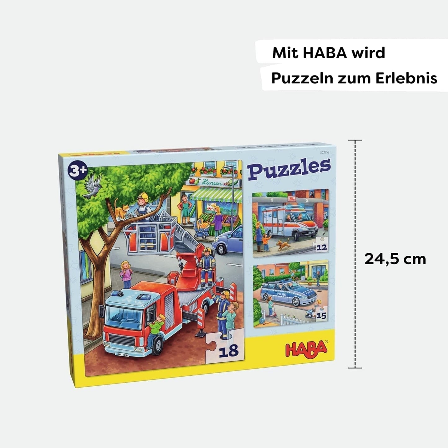 HABA Brandweerpuzzel - 3-delige set voor kinderen vanaf 3 jaar Kartonnen puzzel politie en ambulance - Bevordert de fijne motoriek en concentratie - 1302759001 Puzzel Naty Shop