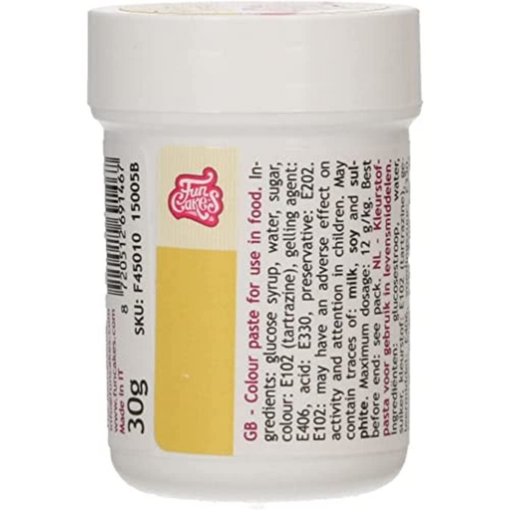 Geconcentreerde kleurstof Funcakes Paste Colour Geel; voor deeg, room, fondant, marsepein, deeg, modelleerpasta en bloemenpasta. Halal. 30 gram