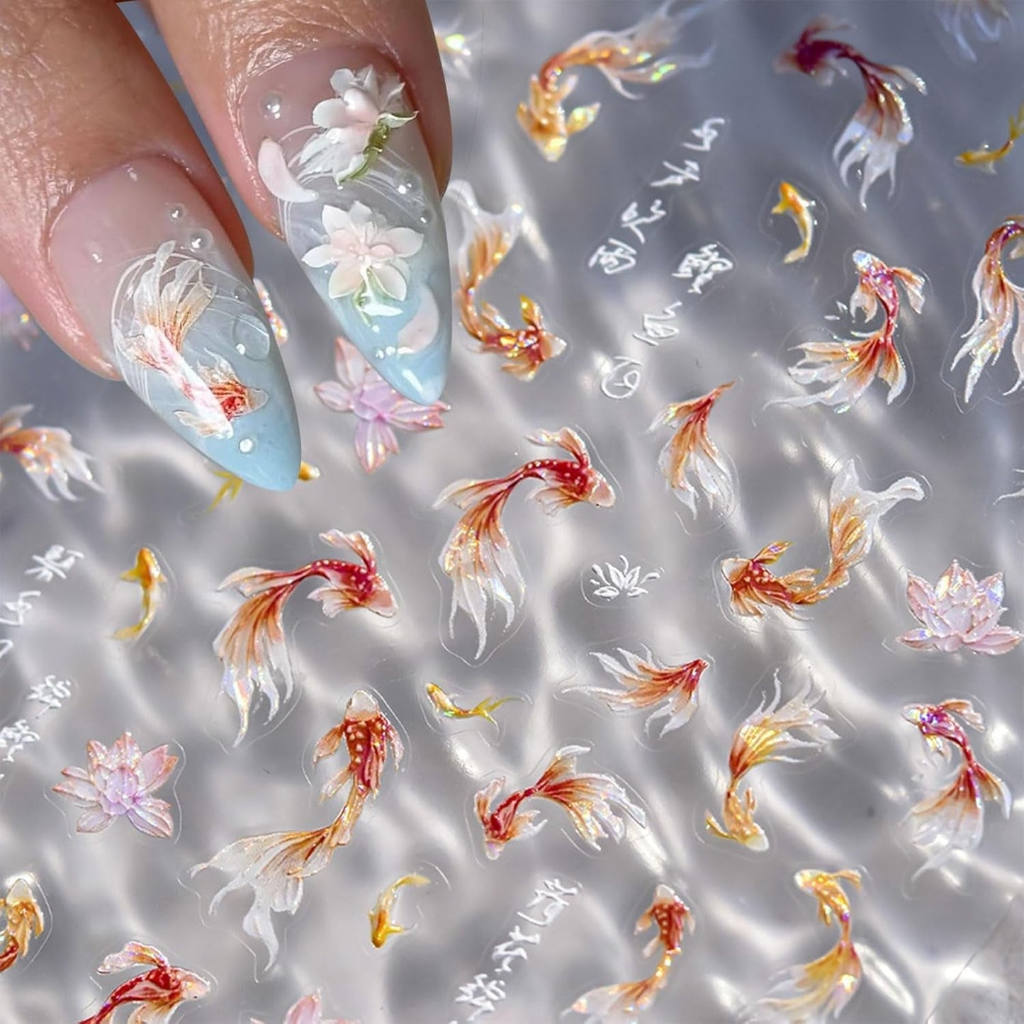 JMEOWIO 3D Nagelsticker Koi Fisch Nail Art Sticker Selbstklebend Nagelaufkleber 5D Stereoskopische Decoratie Nageldesign Zubehör 1 Blatt