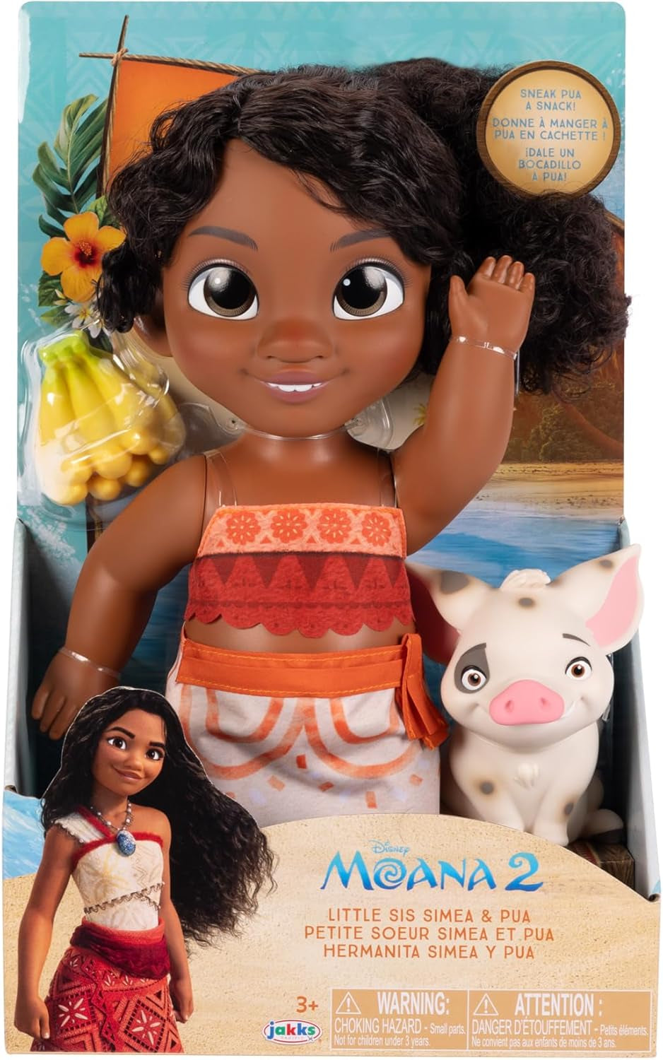Jakks Pacific Moana 2 Little Sister Simea pop en Pua speelset 27 cm hoog, inclusief 1 poppenoutfit, 1 Pua en 1 plastic bananenbos, aanbevolen voor kinderen vanaf 3 jaar