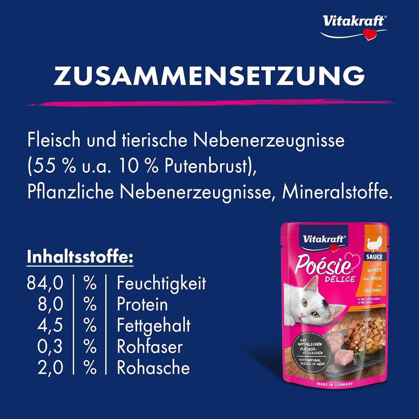 Vitakraft Poésie Délice, nat kattenvoer, kattenvoer in saus, met kalkoen, grootverpakking, zonder toegevoegde suiker of granen (23 x 85 g)
