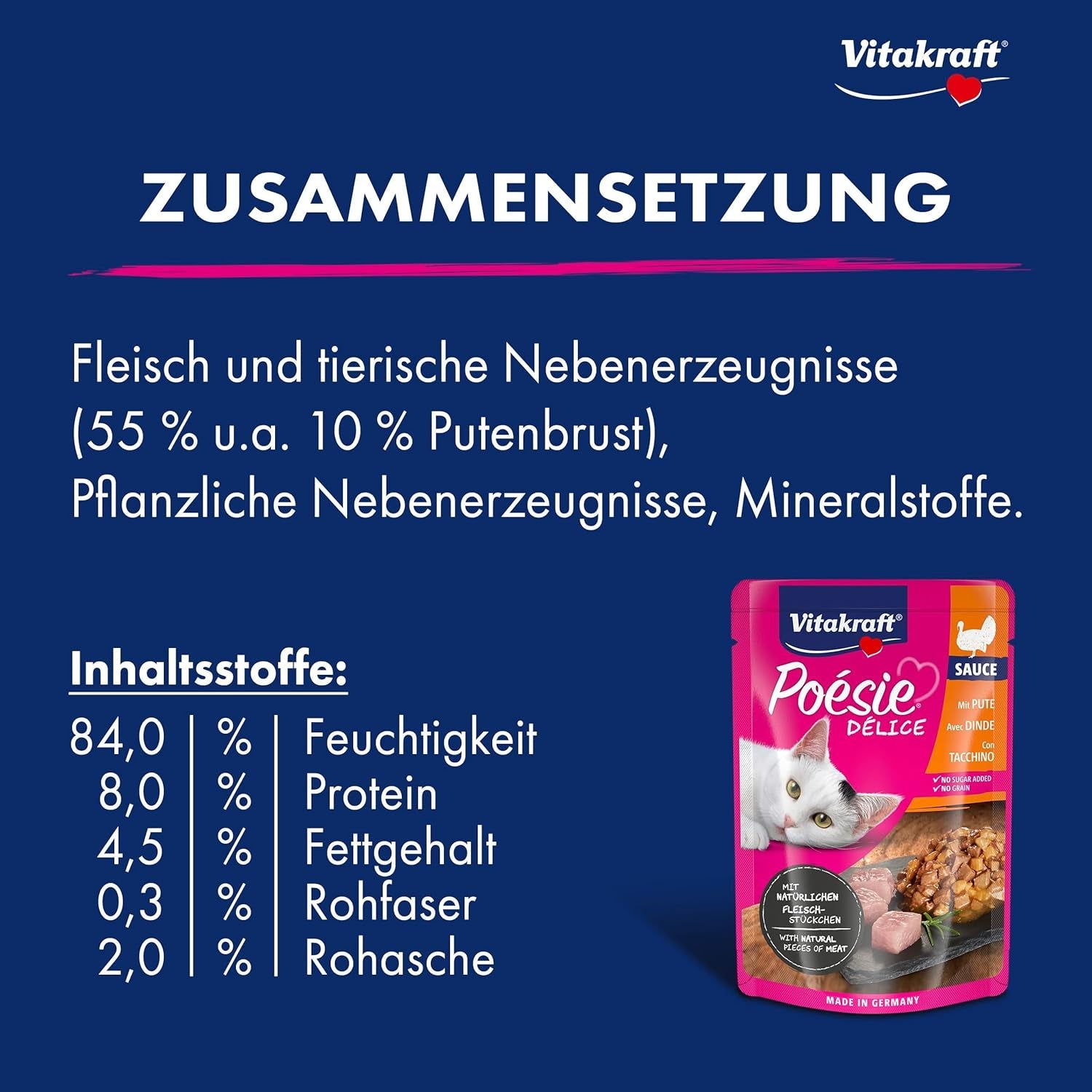 Vitakraft Poésie Délice, nat kattenvoer, kattenvoer in saus, met kalkoen, grootverpakking, zonder toegevoegde suiker of granen (23 x 85 g)