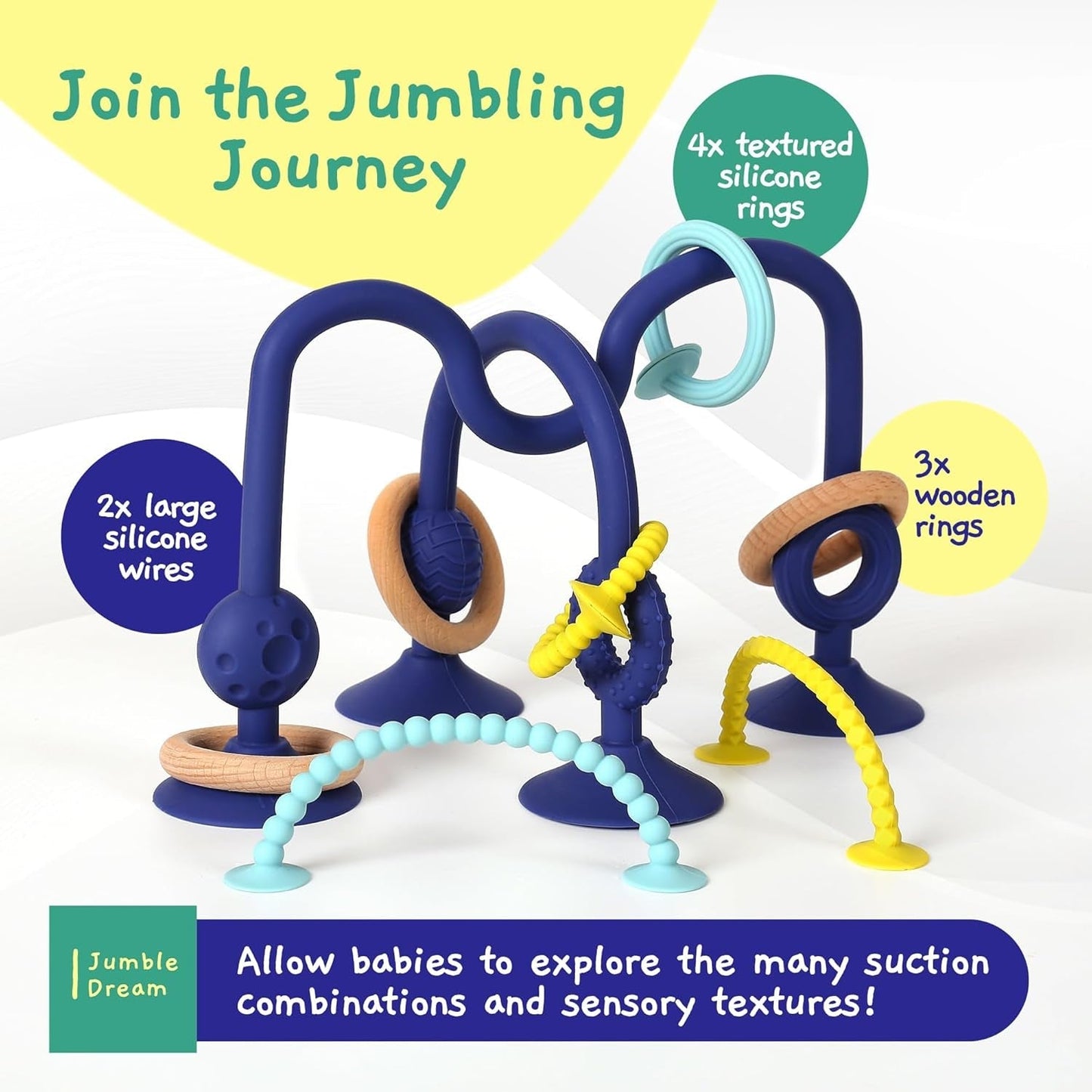 JUMBLE JANGLE Babybijtring: Babybijtspeeltje 3-24 maanden | Set van 7 BPA-vrije kauwspeeltjes | Verkoelende siliconen bijtring | Peuterspeelgoed met zuignap voor kinderstoel, tafel en badkuip