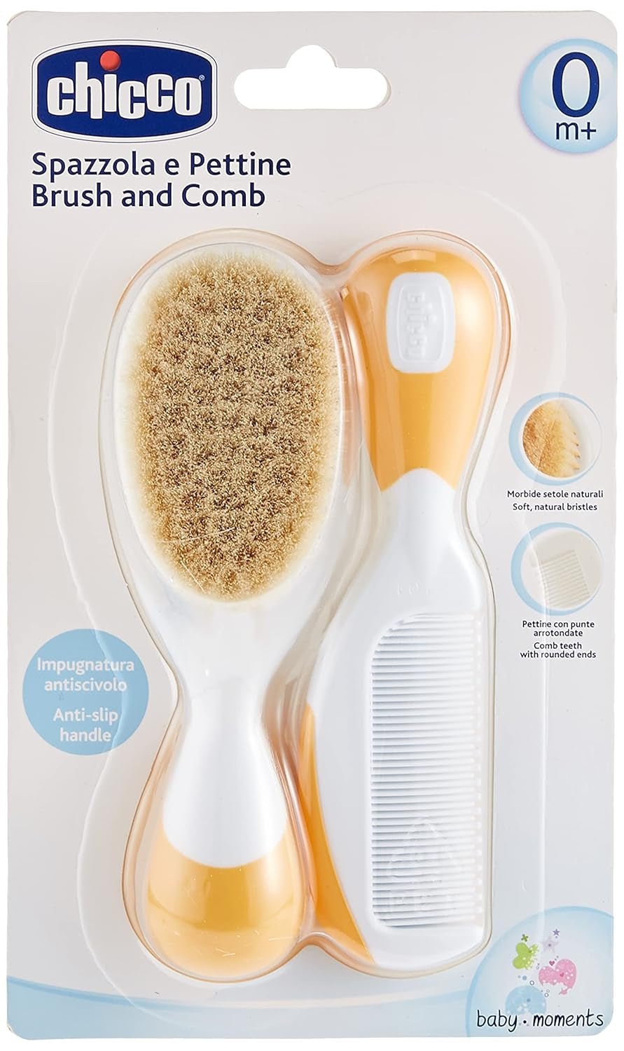 Chicco babyhaarborstel- en kamset, babyborstel met zachte natuurlijke borstelharen, kam met afgeronde punt, antisliphandvat, babyfeestcadeau - benodigdheden voor pasgeborenen vanaf 0 maanden kinderen - Bad- en huidverzorging Naty Shop Oranje