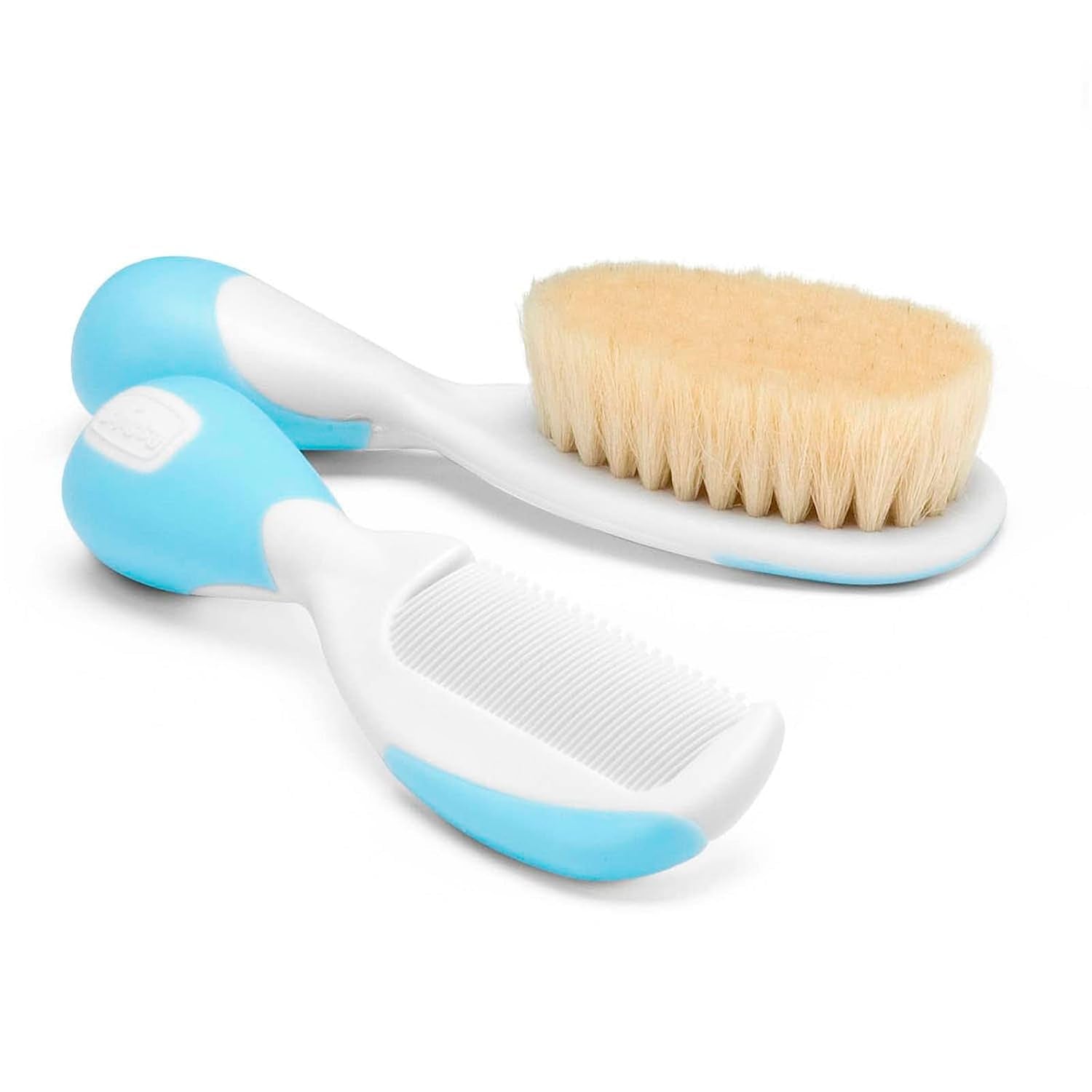 Chicco babyhaarborstel- en kamset, babyborstel met zachte natuurlijke borstelharen, kam met afgeronde punt, antisliphandvat, babyfeestcadeau - benodigdheden voor pasgeborenen vanaf 0 maanden kinderen - Bad- en huidverzorging Naty Shop Blauw