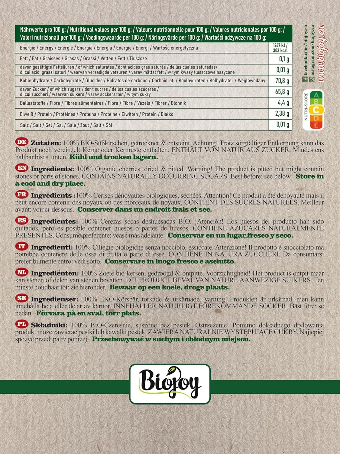 Biojoy biologische gedroogde zoete kersen (500 g), ontpit en zwavelvrij Gedroogde producten Naty Shop