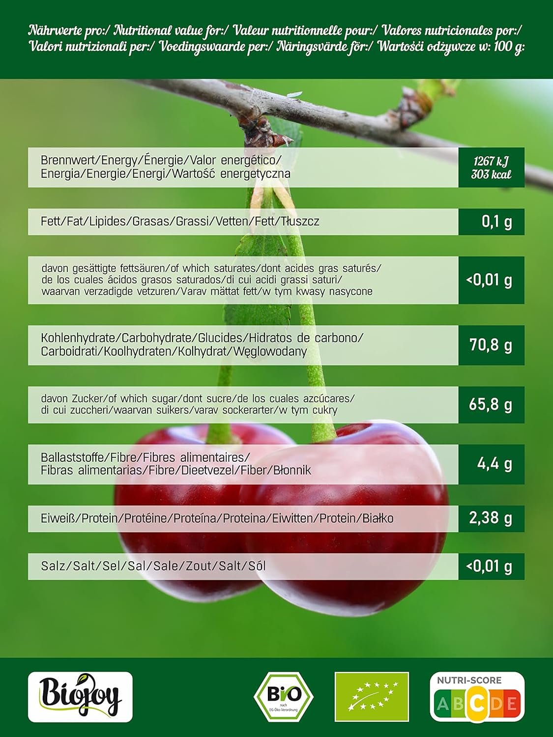 Biojoy biologische gedroogde zoete kersen (500 g), ontpit en zwavelvrij Gedroogde producten Naty Shop