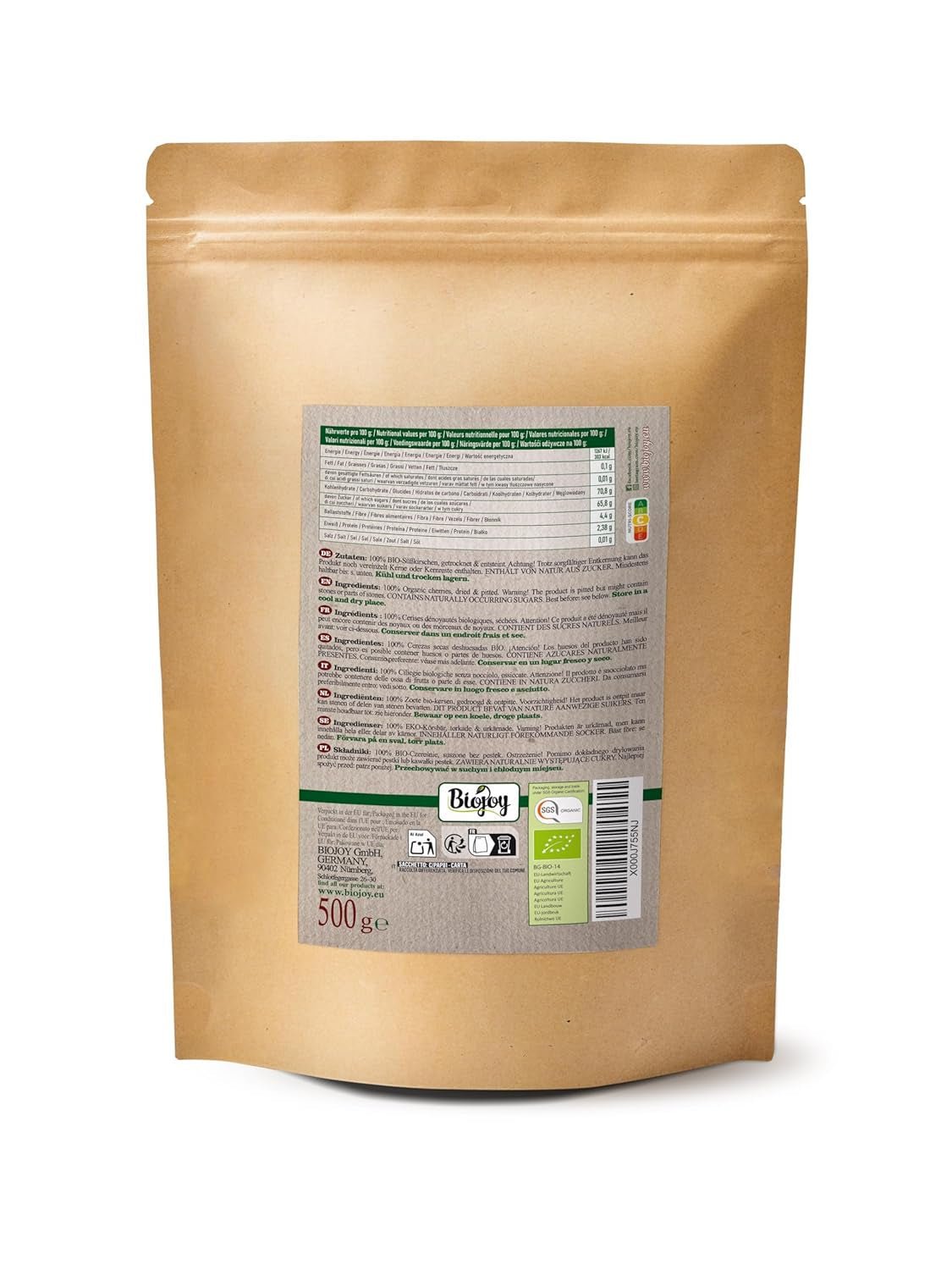 Biojoy biologische gedroogde zoete kersen (500 g), ontpit en zwavelvrij Gedroogde producten Naty Shop