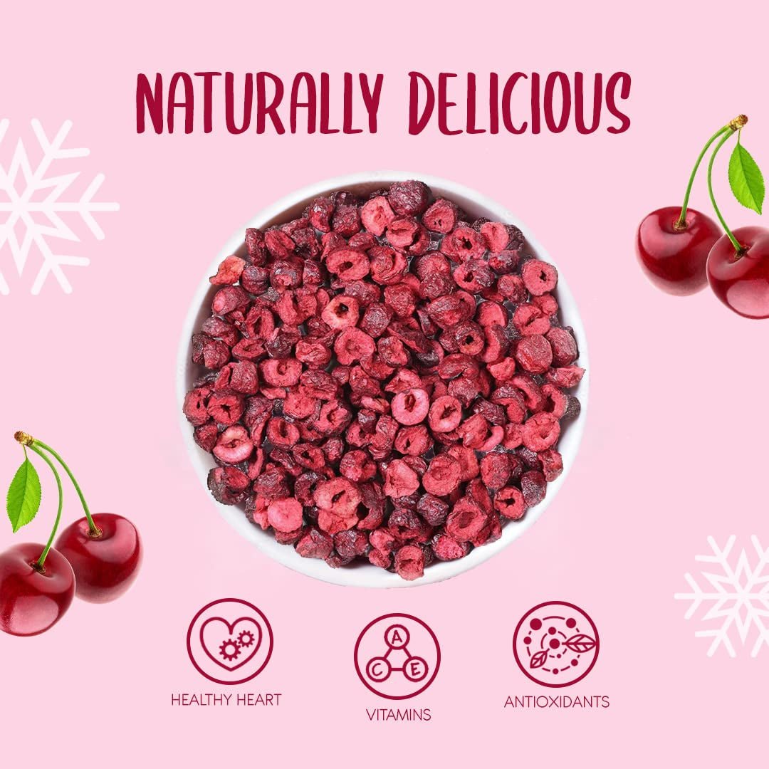Gevriesdroogde kersen 100g - Gevriesdroogde bittere kersen - Gevriesdroogde gedroogde vruchten - Gesneden gedroogde bittere kersen - Ideaal voor bakken, decoratie, muesli en desserts Gedroogde producten Naty Shop