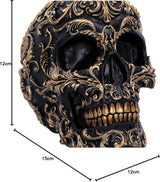 Renaissance-schedel, 19 cm, hars, zwart en goud, goud barokpatroon, zwart schedelornament, gotische decoratie, gegoten in de beste synthetische hars, met de hand geschilderd door experts Beeldjes en sculpturen Naty Shop