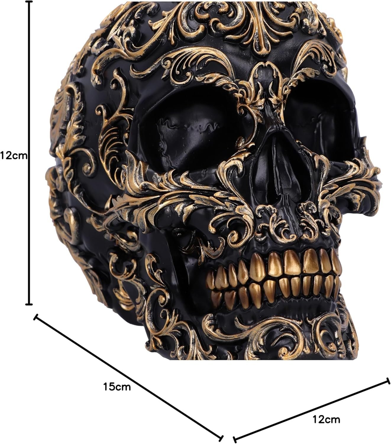 Renaissance-schedel, 19 cm, hars, zwart en goud, goud barokpatroon, zwart schedelornament, gotische decoratie, gegoten in de beste synthetische hars, met de hand geschilderd door experts Beeldjes en sculpturen Naty Shop