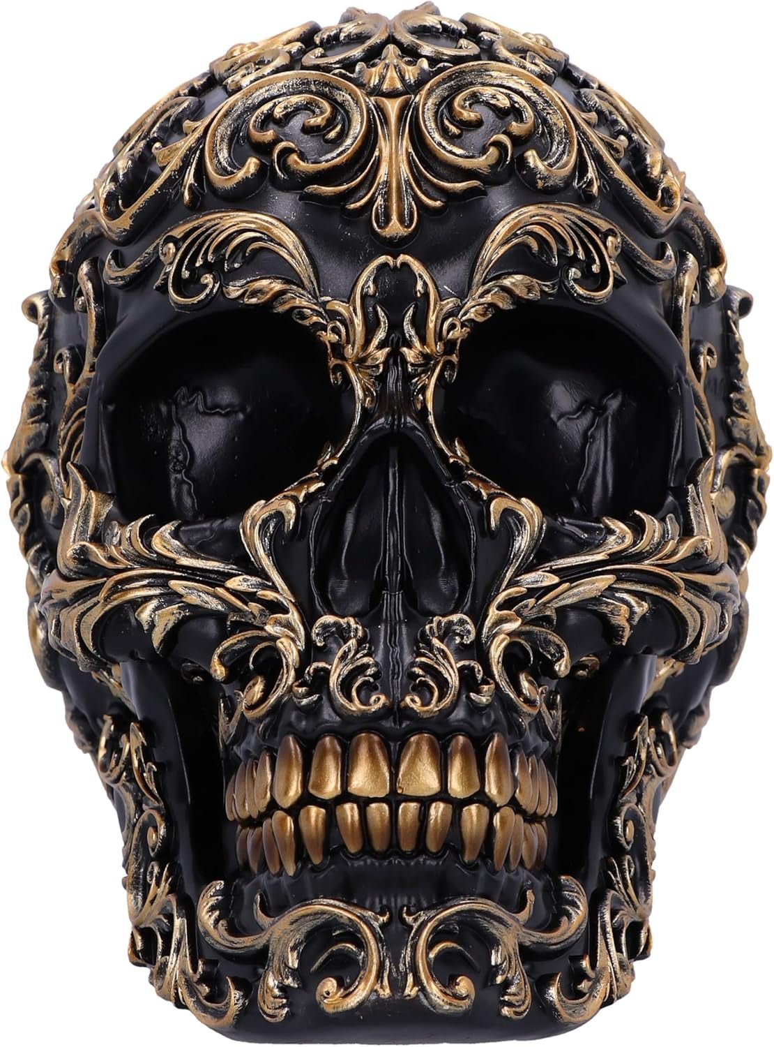 Renaissance-schedel, 19 cm, hars, zwart en goud, goud barokpatroon, zwart schedelornament, gotische decoratie, gegoten in de beste synthetische hars, met de hand geschilderd door experts Beeldjes en sculpturen Naty Shop