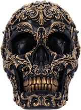 Renaissance-schedel, 19 cm, hars, zwart en goud, goud barokpatroon, zwart schedelornament, gotische decoratie, gegoten in de beste synthetische hars, met de hand geschilderd door experts Beeldjes en sculpturen Naty Shop