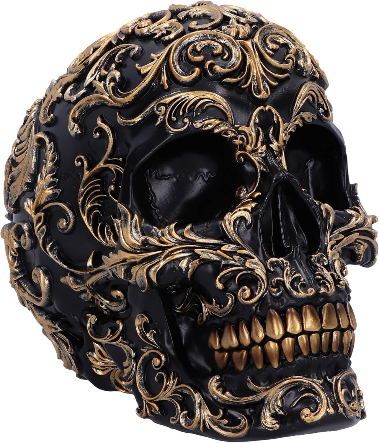 Renaissance Schedel, 19cm, Hars, Zwart en Goud, Goud Barok Patroon, Zwarte Schedel Ornament, Gotische Decoratie, Gegoten uit de beste synthetische hars, Handgeschilderd door Experts Beeldjes en Sculpturen Naty Shop Zwart 19cm