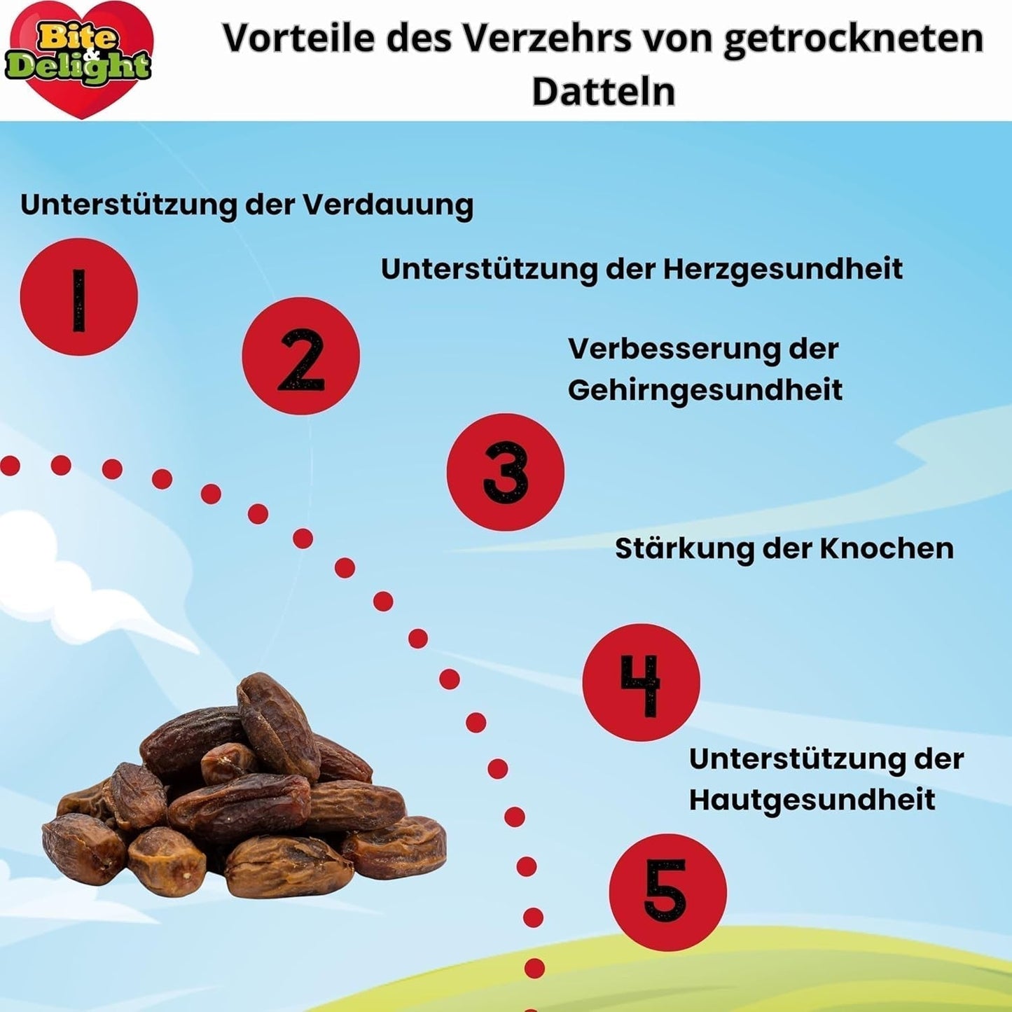 Bite & Delight gedroogde dadels - Heel, gedroogd en natuurlijk - Aromatische snoepjes - Lekker en sappig - Kant-en-klare fruitsnacks - Veganistisch - Geen toegevoegde suikers - 1250g Naty Shop gedehydrateerde producten