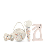 Suavinex cadeauset voor pasgeborenen. 4-delige set bestaande uit: Fysiologische SX Pro fopspeen voor baby's 0-6 maanden + speenhouder + Duo speenhoesje + siliconen bijtring. Wonderland, beige