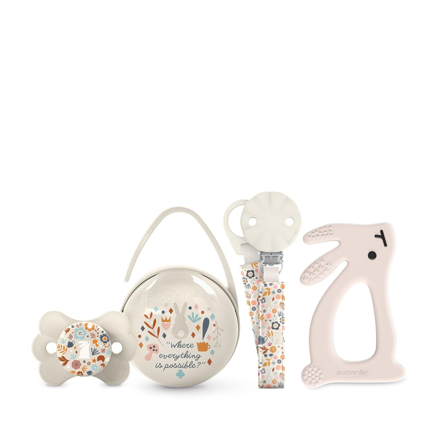 Suavinex cadeauset voor pasgeborenen. 4-delige set bestaande uit: Fysiologische SX Pro fopspeen voor baby's 0-6 maanden + speenhouder + Duo speenhoesje + siliconen bijtring. Wonderland, beige