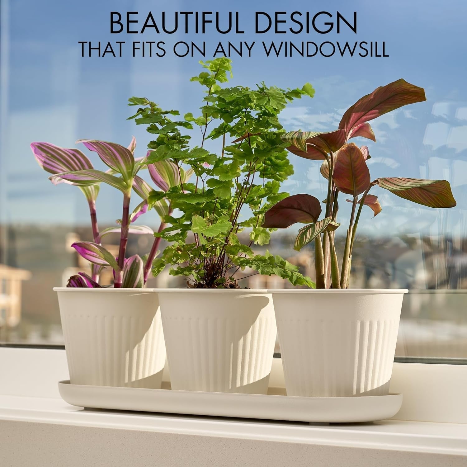 Set van 3 prachtige kruidentuinpotten, perfect voor elke vensterbank of aanrecht, een moderne decoratieve tuinplantenset inclusief dienblad en...