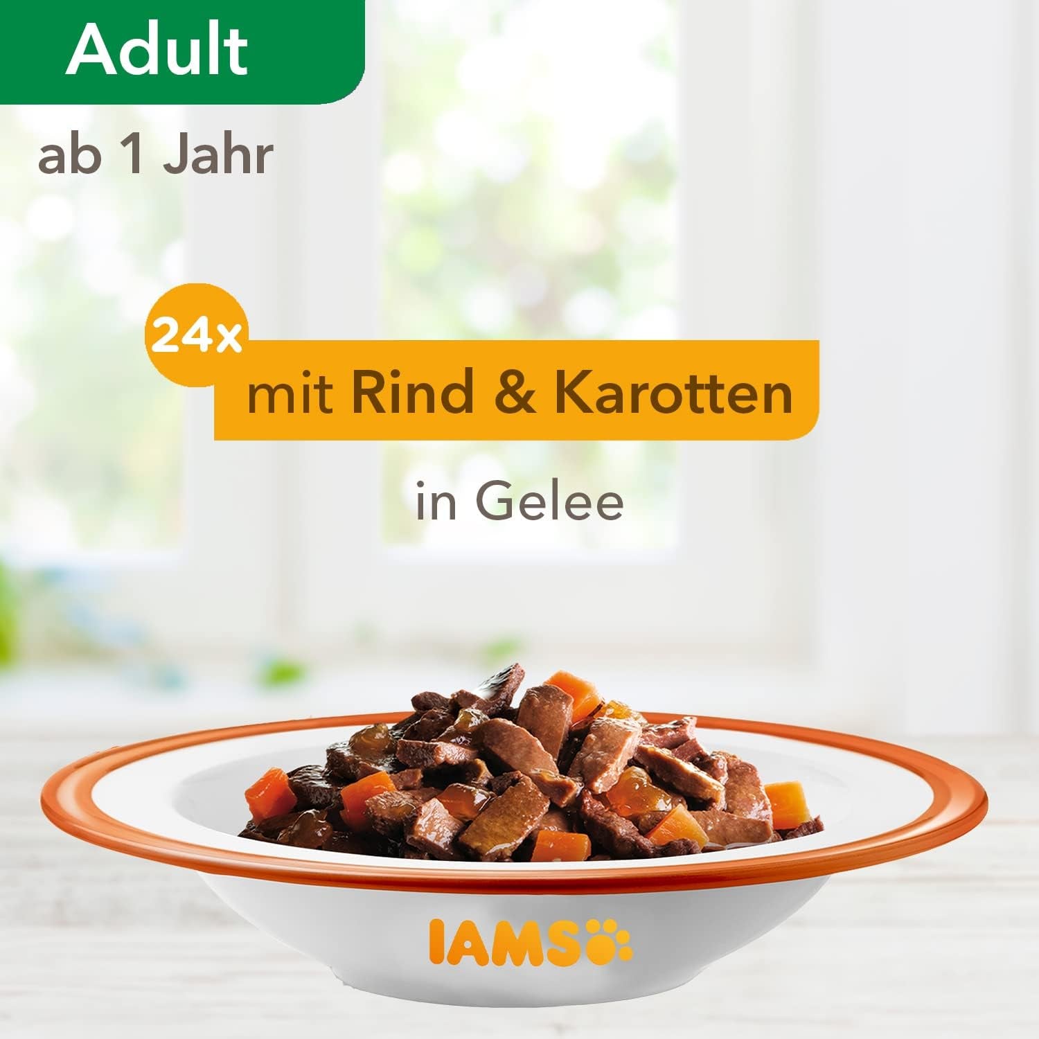 IAMS Delights Natvoer voor katten met sappig rundvlees en wortels in gelei - Compleet natvoer voor volwassen katten, 24 zakjes x 85 g