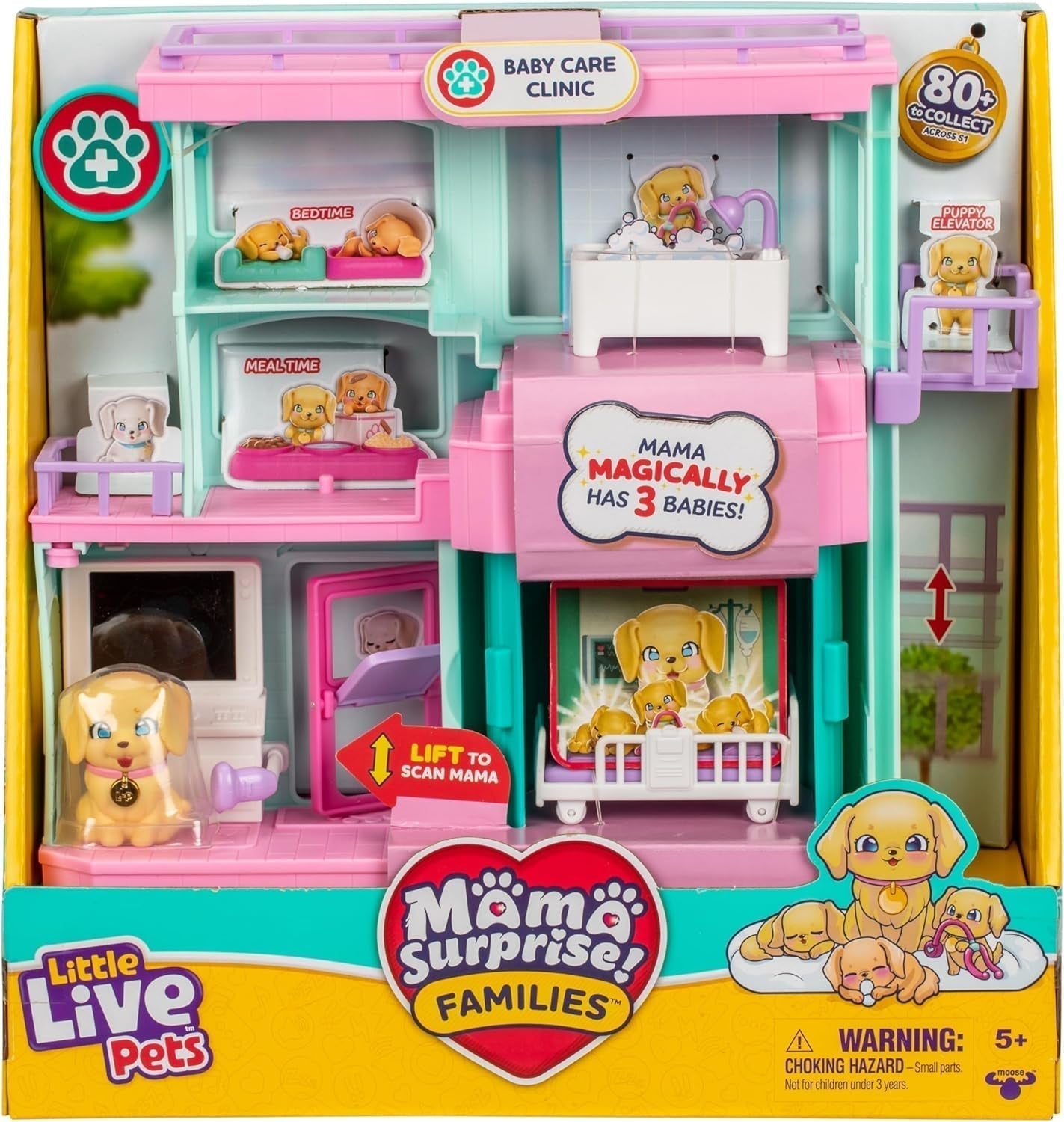 Little Live Pets Mama Surprise Families Baby Clinic-speelset, inclusief 3 retriever-pups, magische, dubbelzijdige speelset (27,8 cm breed, 23,8 cm hoog). Voeden, baden en spelen Kinderen Cadeau-actiefiguren Naty Shop Standaardtitel