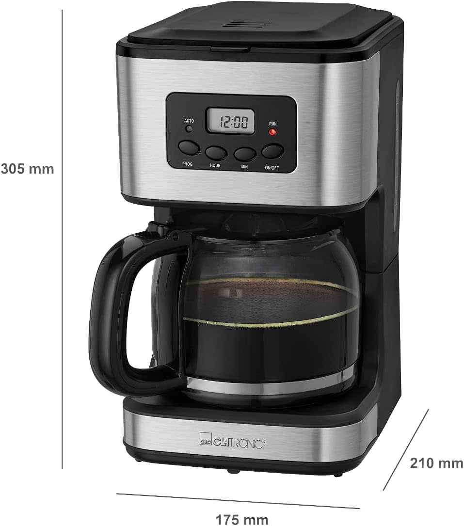 Clatronic® koffiezetapparaat met timer, 1,5 liter karaf voor 12-14 koppen koffie, 24u LCD timer, warmhoudfunctie, antidruppel, verwijderbaar filter, display en indicatielampjes, 900W - KA 3642