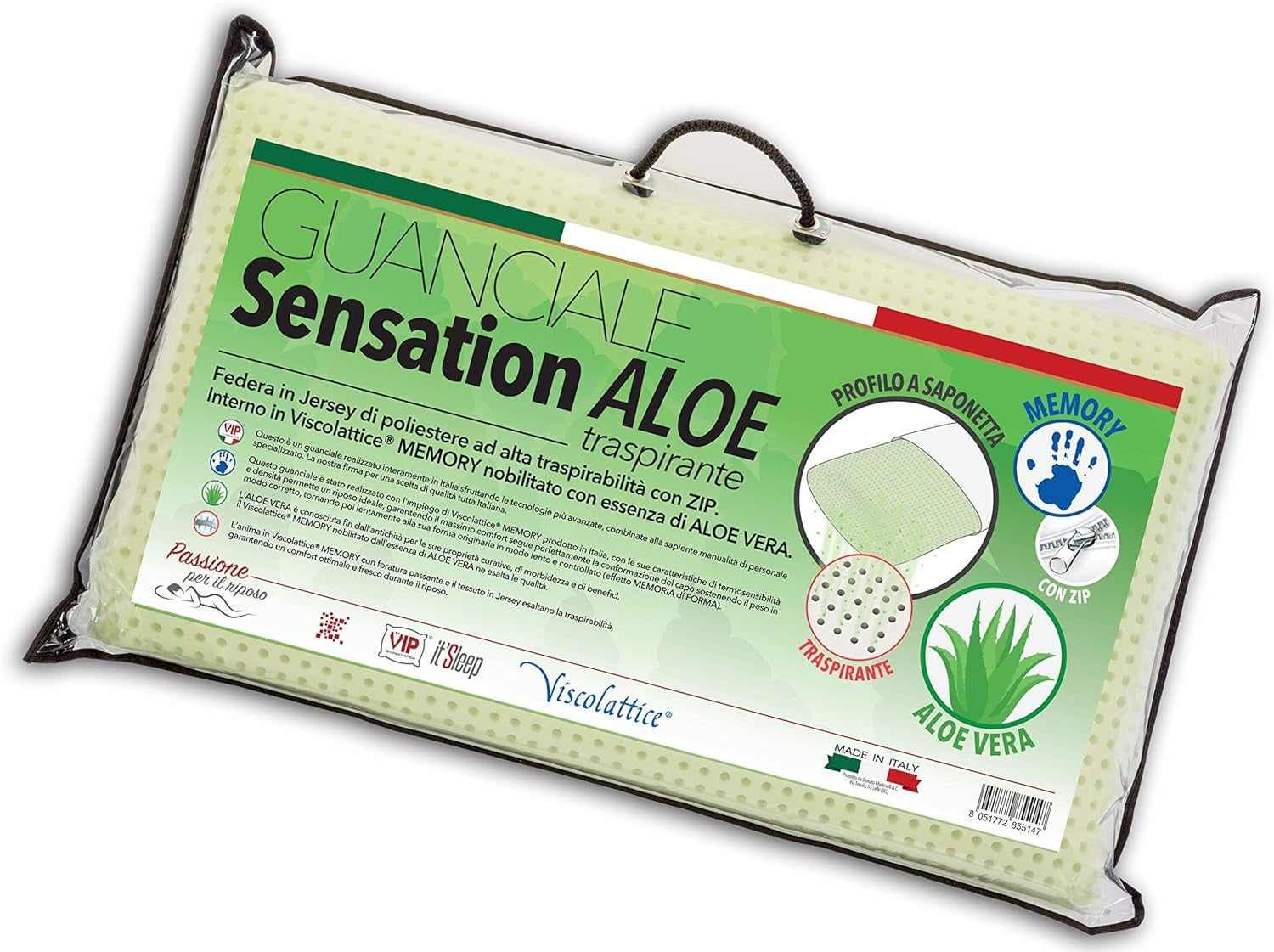 V.I.P. Zeer belangrijk kussen V.I.P. Zeepluskussen Aloe Treatment Memory Foam Kussen 48 X 78 X 12 cm Gemaakt in Italië Naty Shop Standaardkussens Standaardtitel