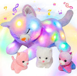 LED-muzikale pluche kat, licht zingend speelgoed, moederkat met 3 kittens in de buik, geanimeerd slaapliedje, rustgevend speelgoed voor moeders, kinderen, kleine meisjes, regenboog, 45 cm