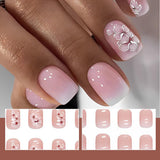 24pcs Wit Vierkant Lijm op korte nagels Roze gradiënt bloemenpatroon Druk op de nagels Kunstnagels Valse nagelkunst Franse vierkante nagels Kunstnagels voor dames