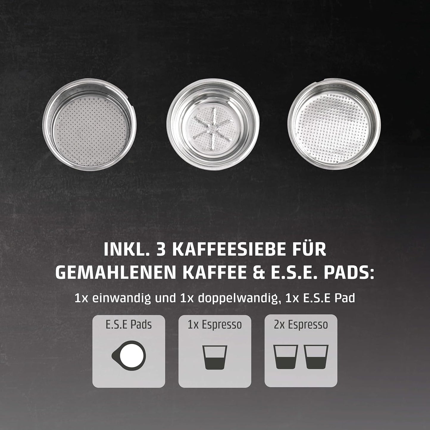 Caso Espresso Gourmet - Espressomachine met portafilter van roestvrij staal, krachtige Ulka-pomp van 19 bar, met melkopschuimer, voor gemalen koffie of ESE-koffiecapsules, voor 2 kopjes, met kopjeswarmer